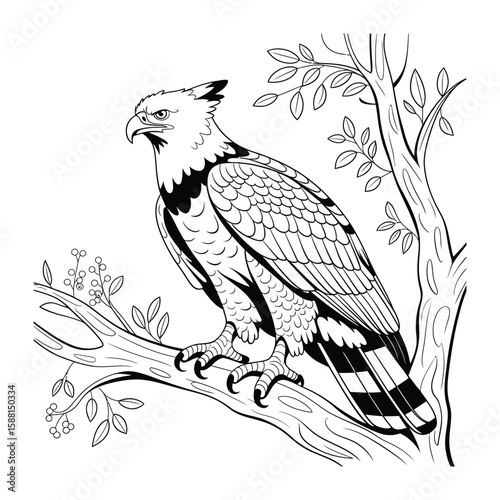 Harpy Eagle in tree Coloring Page, Vector, Illustration, Icon, Outline, Line Art, Silhouette, White Background.