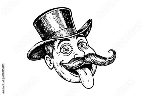 Whimsical stylized character with top hat and moustache isolated on transparent background isolated on white background