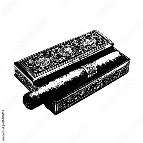 Antique Cigar Case with Ornate Floral Decoration – Vintage Copperplate Engraving
