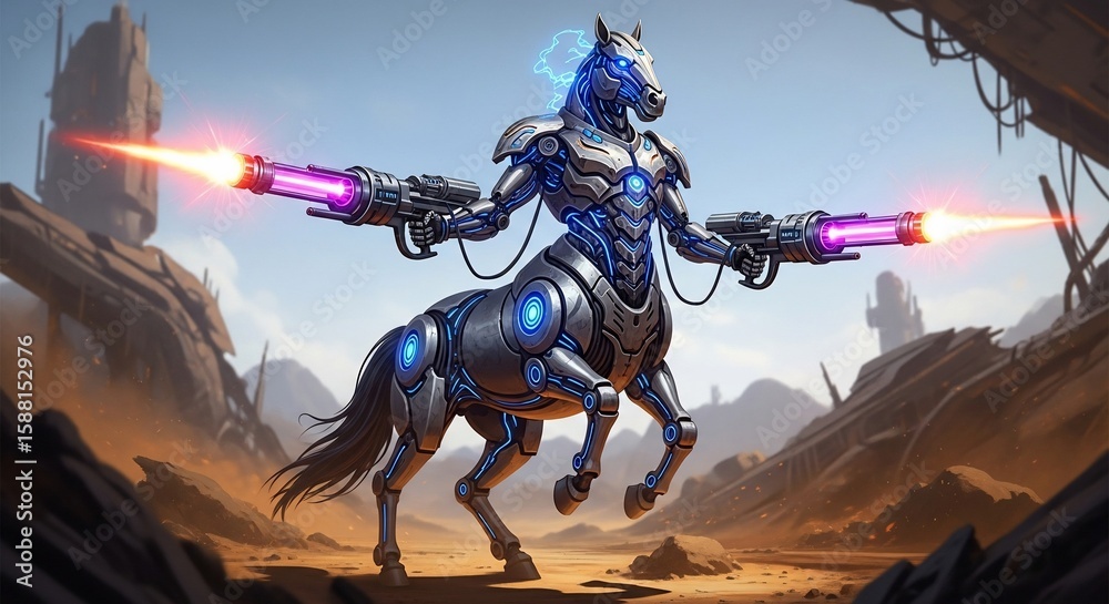 Cybernetic Centaur Warrior with Plasma Guns in a Post-Apocalyptic Wasteland Cybernetic Centaur Warrior with Plasma Guns in a Post-Apocalyptic Wasteland