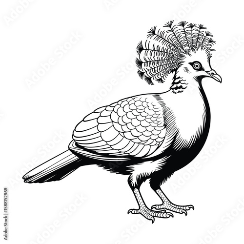 Victoria Crowned Pigeon Coloring Page, Vector, Illustration, Icon, Outline, Line Art, Silhouette, White Background.