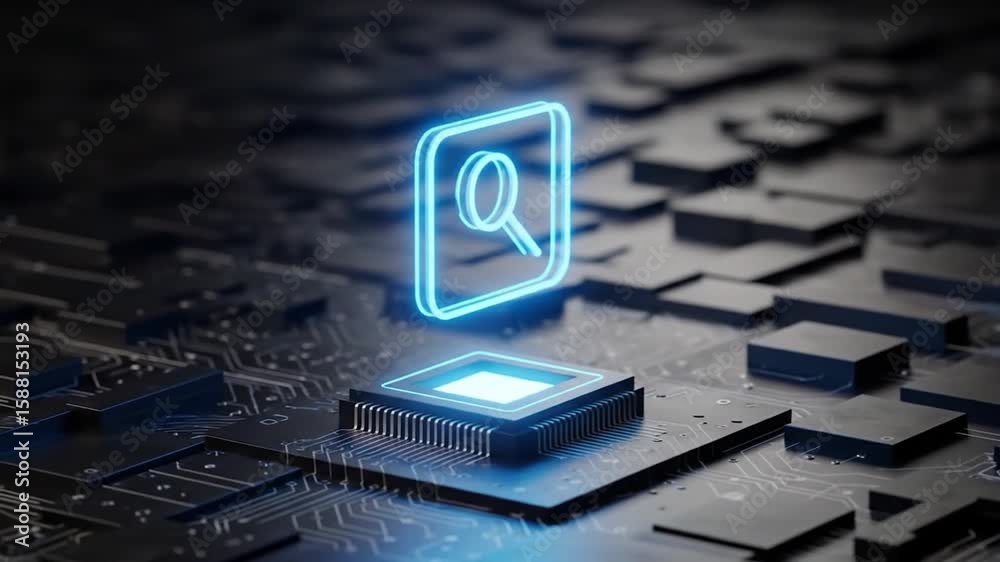 AI Powered Digital Search Icon Illuminating Microchip on Circuit Board, Representing Advanced Data Processing, Information Retrieval, and Future Te...