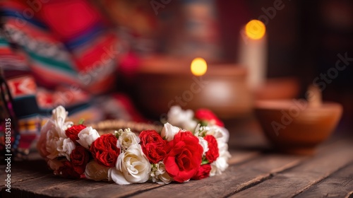 Vibrant floral crown of red and white roses on rustic wood with colorful patterned fabric, soft candles, and earthenware bowls in warm, cozy ambiance.