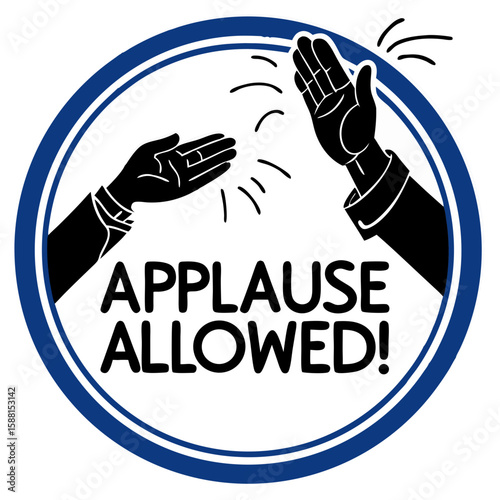Black silhouettes of hands clapping with text "Applause Allowed!" in circular blue icon