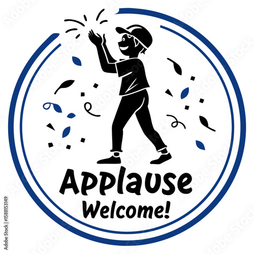 Child silhouette clapping with text "Applause Welcome!" in a circular blue icon