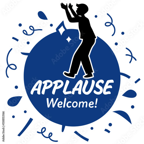 Silhouette of a person clapping with text "Applause Welcome!" in a circular blue sign