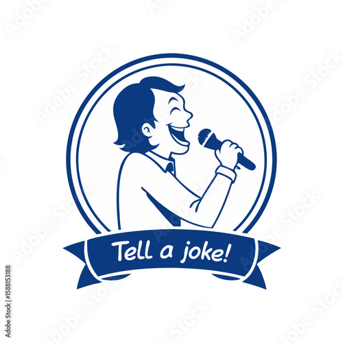 Cartoon character of a laughing man with a microphone and "Tell a joke!" text in a blue icon