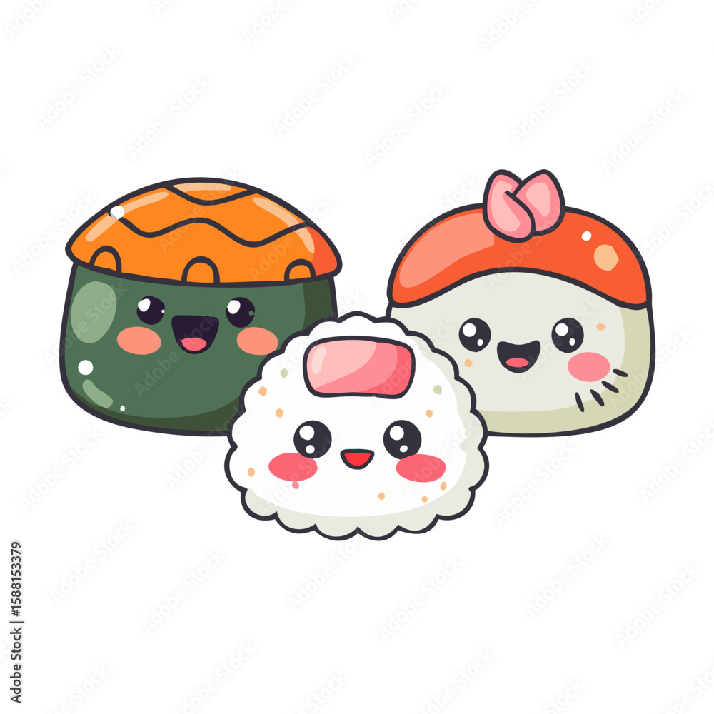Obraz premium Three cute sushi characters with facial expressions icon