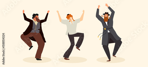 Jewish people dancing Hasidic dance celebrating Sukkot and Simchat Torah orthodox Jewish holidays. People dressed in traditional Jewish clothes.