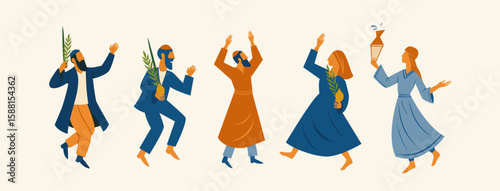 Jewish people dancing Hasidic dance celebrating Sukkot and Simchat Beit HaShoeivah orthodox Jewish holidays. People dressed in traditional Jewish clothes holding four species of Sukkot, Etrog, Lulav, 