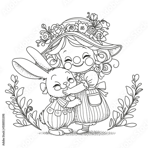 Cute girl in a clown costume hugs a toy bunny. Coloring for children and adults. Illustration for coloring.