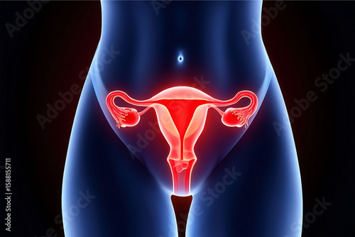 Glowing red female reproductive system anatomy with fallopian tubes and ovaries