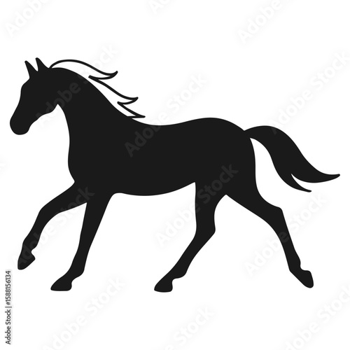Running black horse silhouette isolated on white, a dynamic vector illustration of a galloping farm animal with flowing mane and tail