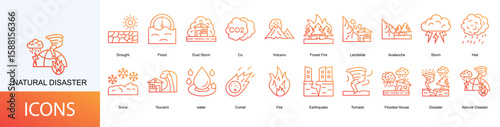 natural disaster icon collection set. Containing Volcano, Forest Fire, Landslide, Avalanche, Storm, Hail icon