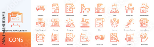 hospital management icon collection set. Containing Patient, hospital, Doctor, Hospital Bed, Medical Supplies icon