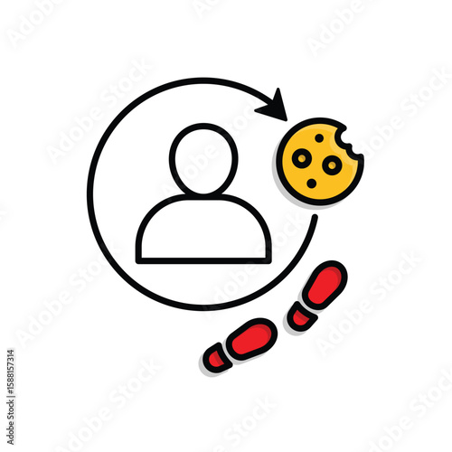 Marketing icon. Retargeting Ads. Person with circular arrow with cookie and footprint. Branding, strategy, digital. mixed design style.