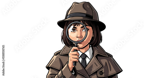 Illustration of a woman wearing a trench coat and hat, looking through a magnifying glass.