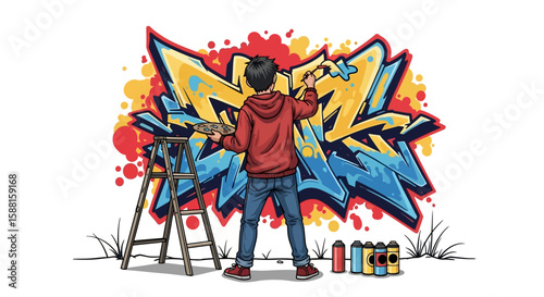 Young artist creating vibrant graffiti art on a wall, using spray cans and a ladder.
