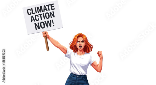 Woman passionately protests climate change, holding a sign demanding immediate action.