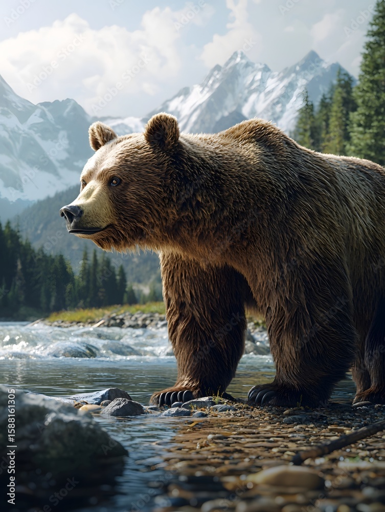 Obraz premium A strong bear is fishing by the river, with soft sunlight shining on it