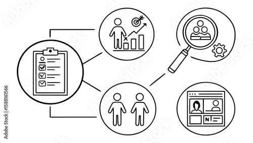 A collection of icons in a flat, linear style illustrating talent acquisition and recruitment processes. Features include magnifying glasses over resumes, group interviews, digital portfolios, and app