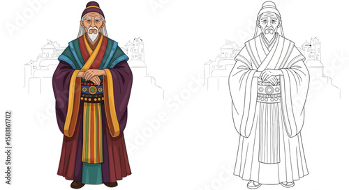 Proud Village Elder Coloring Page with Colored and Outline Character Styles Printable