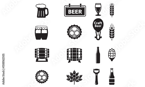 A set of black and white icons including a beer mug, a beer can, a beer glass