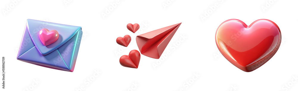 Colorful 3d heart symbols: envelope, paper plane, and hearts for love and communication Colorful 3d heart symbols: envelope, paper plane, and hearts for love and communication