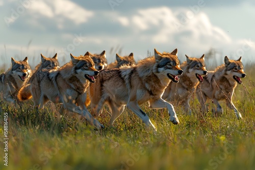 A pack of wolves runs across the grassland, bathed in soft sunlight
