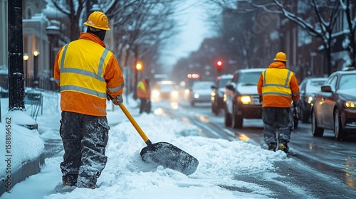 Worker leaning the heavy snow on the street for traffic