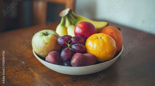 An indoor still life featuring a bowl filled with a selection of fresh seasonal fruits resting on an antique wooden surface, illuminated by natural sunlight enhancing its vibrant colors
