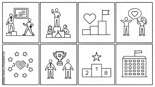 A grid of minimalist icons depicting employee engagement and workplace culture. The set includes figures celebrating, working in teams, attending events, and participating in surveys. Also features he