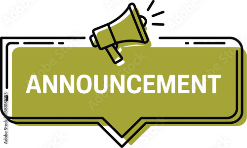 A graphic of an announcement bubble with a megaphone icon on a white background