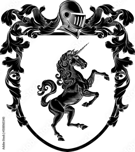 A Unicorn coat of arms or crest family heraldry medieval heraldic knight shield with helmet and acanthus filigree scroll ornament in a vintage woodcut style.