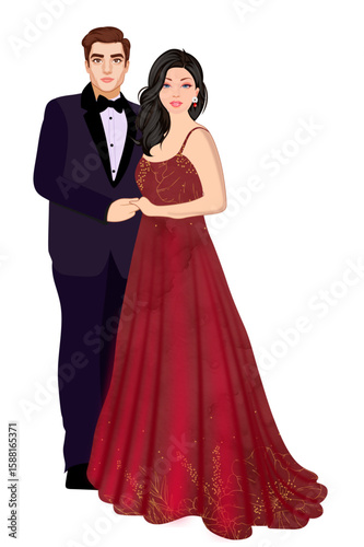 Beautiful Indian Couple Standing Wearing Tuxedo and Red Western Outfit 