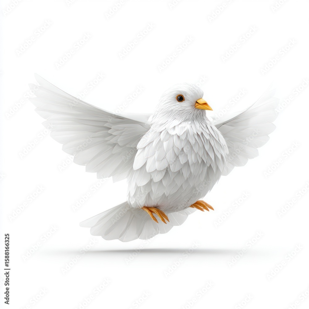 Fototapeta premium A white dove with spread wings and bright yellow beak poised against a white background