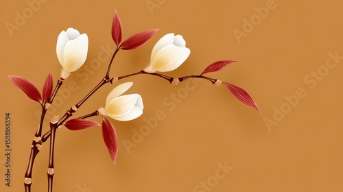 Elegant white magnolia flowers on a dark branch with deep red leaves against a plain golden background