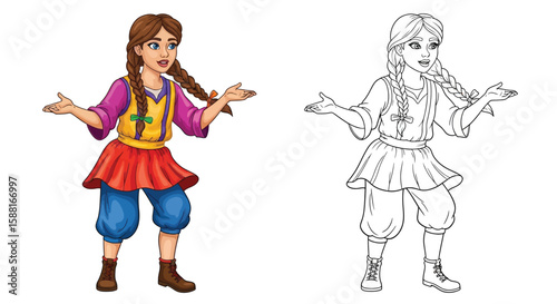 Storytelling Village Girl Coloring Page with Colored and Outline Forms Printable Design