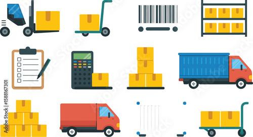Illustration of logistics and shipping elements including forklift and trucks