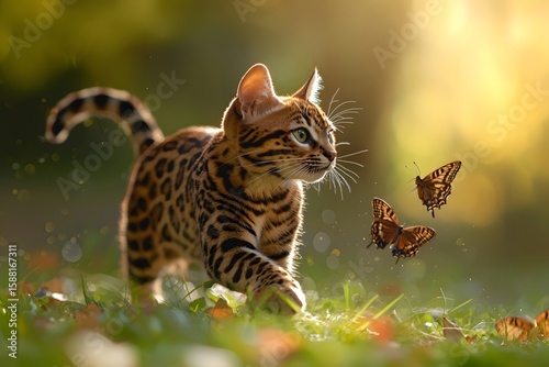 A leopard cat chases butterflies on the grass, with soft sunlight filtering through the leaves