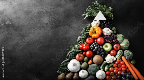 An artful arrangement of assorted vegetables and fruits mimics the shape of an edible pyramid symbolizing healthy nutrition and vibrant wellness on a dark background