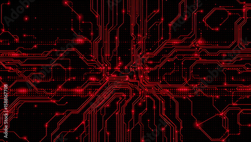 Abstract Red Circuit Board Design with lines, connections and nodes
