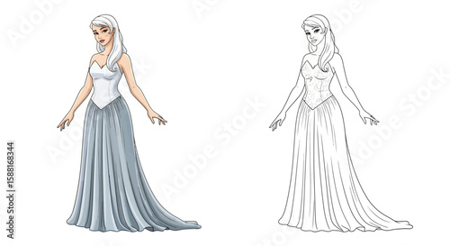 Swan Maiden Character Coloring Page with Colored and Outline Printable Design Art