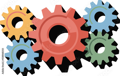 Illustration of overlapping colorful gears on a white background surface