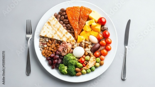 Nutrient-Rich Plateful: Visualizing Balanced Portions of Diverse Food Groups on a Round Plate, Enhancing Awareness for a Well-Rounded Meal and Healthy Dietary Choices