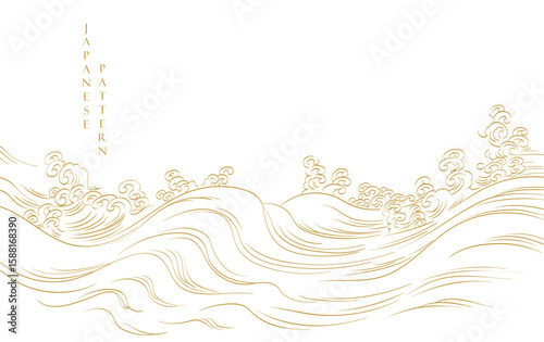 Abstract landscape with Japanese wave pattern vector. Nature art background with Chinese ocean sea and cloud template in oriental style.