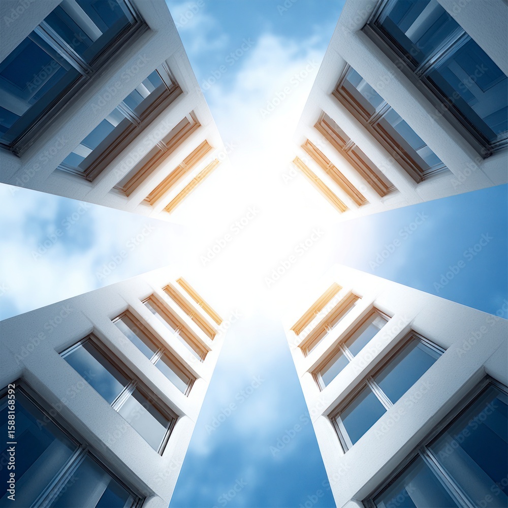Obraz premium Four modern white buildings seen from below against a bright sky with clouds