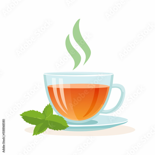 Flat vector of a glass teacup with mint leaves and visible hot steam wafting up in soft curves