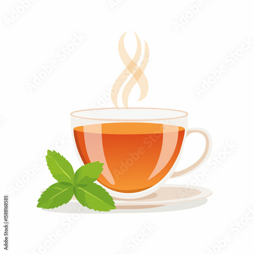 Flat vector of a glass teacup with mint leaves and visible hot steam wafting up in soft curves