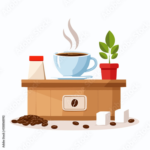 Flat vector of a coffee shop counter with a hot espresso cup releasing steam, surrounded by coffee beans and sugar cubes